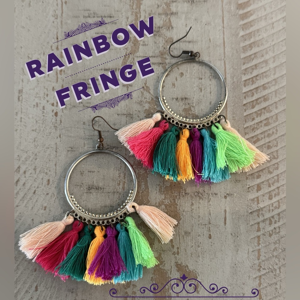 Earrings boho rainbow fringe hoops on fishhooks